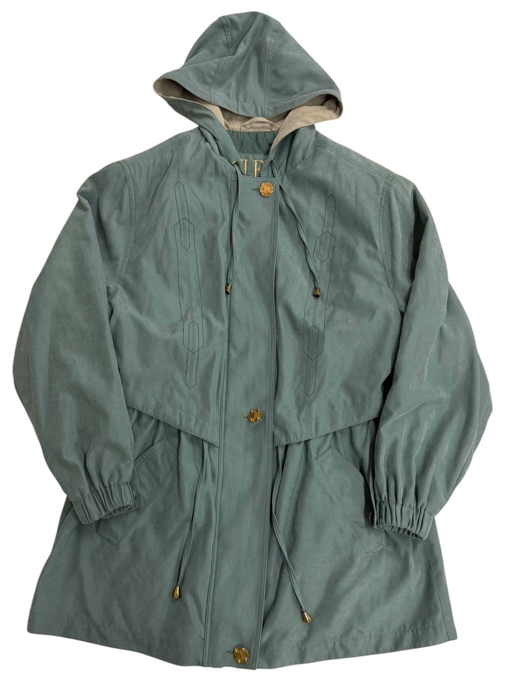 Fleet Street Vintage Hooded Parka Jacket in Sage Green Gold Buttons, Size Medium